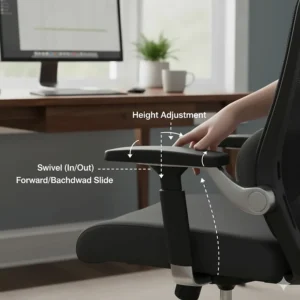 Close-up view of 3D adjustable armrests on an ergonomic office chair, showing height and swivel movements to support neutral wrist and arm posture.