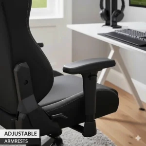Side view of 2D adjustable padded armrests on an affordable PC gaming seat.