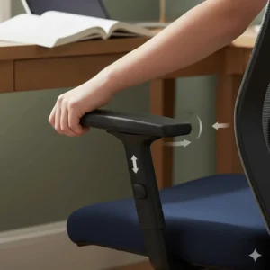 Padded armrests on an adjustable student chair for teens, showing height and width customisation.