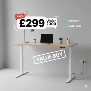 An infographic showing an electric sit-stand desk available in the UK for a budget-friendly price under £300.
