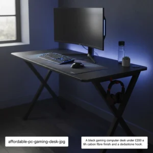 A black gaming computer desk under £200 with a carbon fibre finish and a dedicated headphone hook.