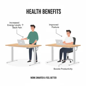 An illustration highlighting the health benefits of using a standing desk, such as reduced back pain and increased energy levels.