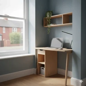A compact wooden computer desk tucked into a small flat alcove to save space in a modern urban home.