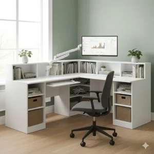 A white corner computer desk with built-in shelving, organised storage, and neat cable management.