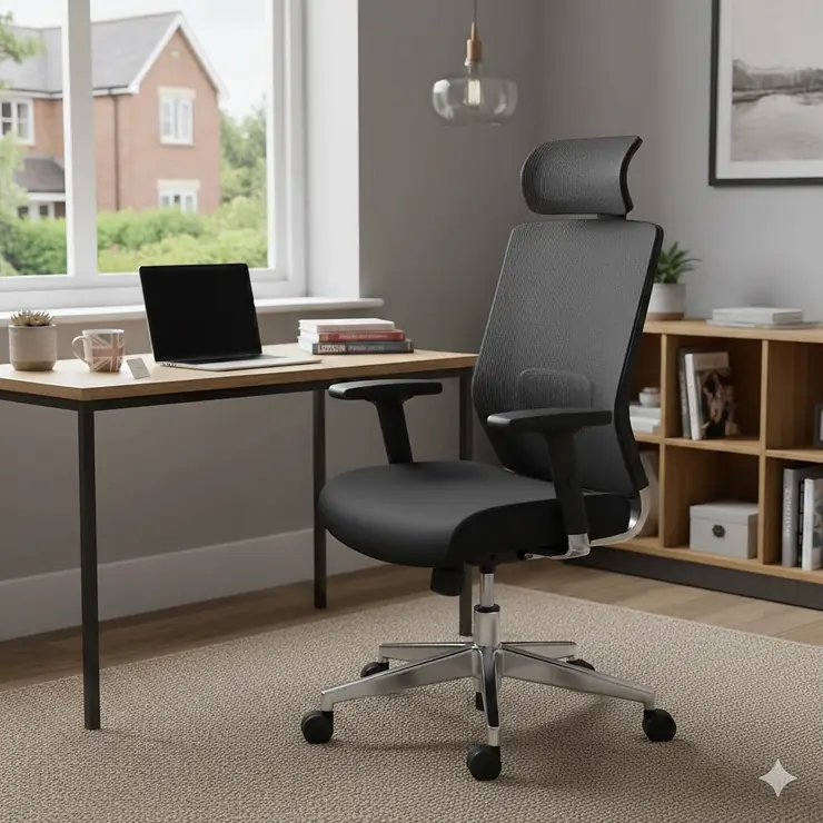 A comfortable mesh ergonomic office chair under £100 in a modern UK home office setting office chair under £100