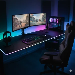 A wide L-shaped gaming desk featuring RGB lighting, a dual-monitor setup, and a professional gaming chair.