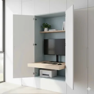 A clever cloffice style computer desk that folds away into a wardrobe or cupboard to hide the workspace.