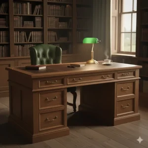 A high-quality solid oak computer desk suitable for a traditional British study or library.