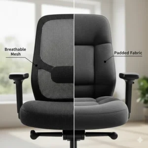 Split-screen comparison between a breathable mesh backrest and a traditional padded fabric seat, highlighting different upholstery options for home office comfort.