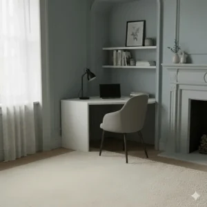 A compact white corner desk for small spaces tucked into a Victorian-style bedroom alcove.