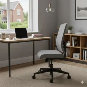 A compact, armless office chair under £100 tucked under a small desk in a flat.
