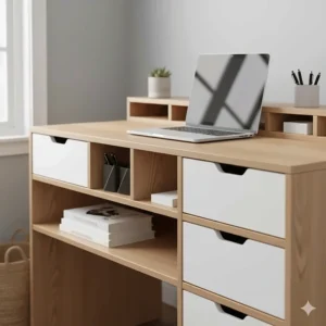 Close-up of a compact computer desk featuring integrated shelving for office supplies and books.