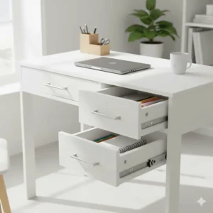 Modern white computer desk under £200 featuring two integrated storage drawers for stationery.