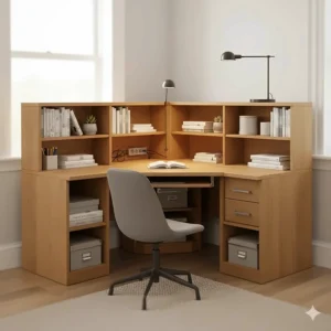 An ergonomic corner desk for small spaces featuring built-in shelving and cable management.