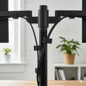 Close-up of a dual monitor mount with integrated cable management clips for a tidy workstation.