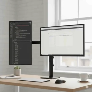 Two PC monitors on a dual stand, with one screen in portrait mode and the other in landscape.