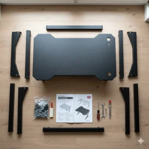 Flat pack gaming desk components laid out for easy home assembly with included tools.