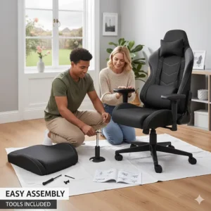 Photorealistic illustration showing the simple assembly process and tools included with the chair.