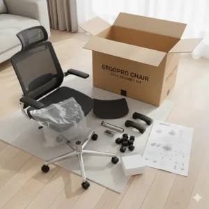 Flat-pack office chair components with clear instructions for easy home assembly.