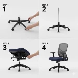 Simple step-by-step illustration showing the easy assembly process of an adjustable student chair for teens.