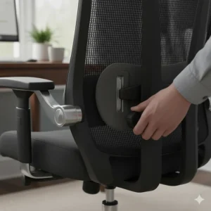 Close-up illustration of a person adjusting the integrated lumbar support dial on an ergonomic desk chair for improved spinal alignment and back pain relief.