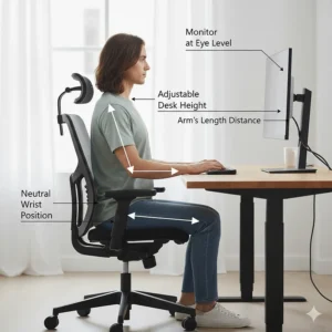An illustration showing the ideal height for a computer desk to prevent back pain and maintain good posture.