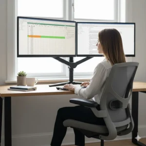A side profile showing a dual monitor stand positioned at eye level to improve sitting posture.