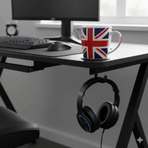 Ergonomic gaming desk features including a built-in cup holder and headphone hook.