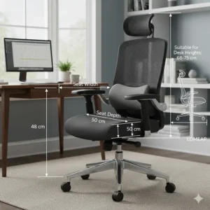 Technical drawing of a black ergonomic chair with clear dimension arrows showing seat width, depth, and height in centimetres for a compact UK workspace.