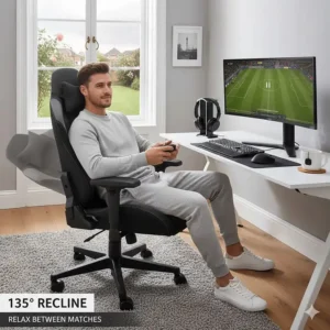 A gaming chair shown in a 135-degree reclined position for relaxing between matches.