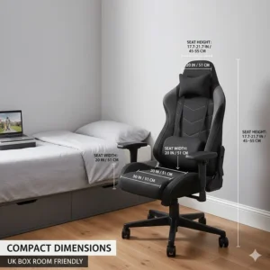 Infographic showing compact gaming chair dimensions suitable for a typical UK box room or study.