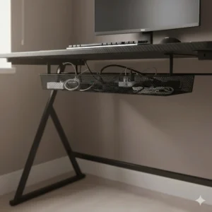 Under-desk cable management tray on an affordable gaming desk to keep wires tidy.