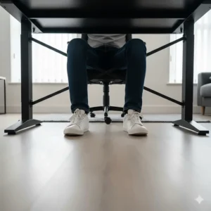 Wide leg room clearance under a black T-shaped gaming desk for improved comfort.