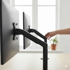 Height adjustable twin monitor arms with gas spring technology for flexible screen positioning.