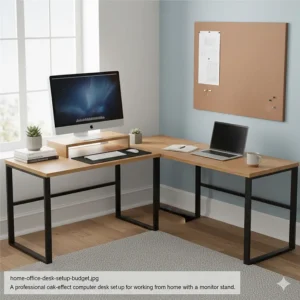 A professional oak-effect computer desk set up for working from home with a monitor stand and keyboard.