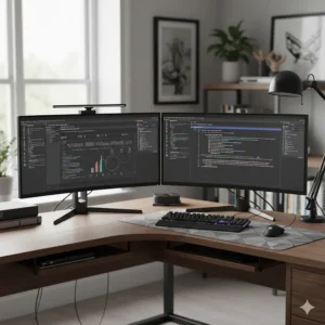 Close-up of an L-shaped corner computer desk showing a dual-monitor setup for a home study.