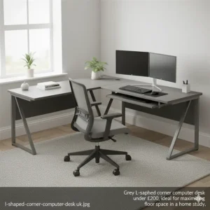 Grey L-shaped corner computer desk under £200, ideal for maximising floor space in a home study.
