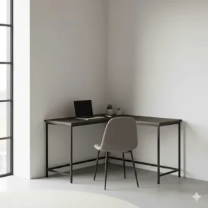 Industrial style black metal corner desk designed for a minimalist flat or studio apartment.