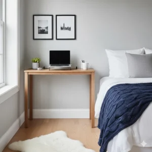 A slim, narrow computer desk used as a dedicated laptop workstation in a master bedroom.
