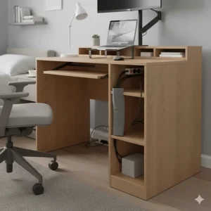 Detail shot of built-in cable management on a small computer desk to keep a bedroom tidy.