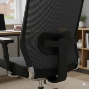 Close-up of adjustable lumbar support on an affordable black swivel chair.