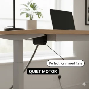 Close-up of a quiet motorised standing desk motor, ideal for shared British flats and home offices.
