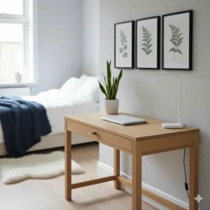 Light wood compact computer desk styled with indoor plants in a modern UK bedroom interior.