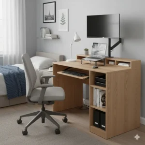 An ergonomic home office setup in a small British flat featuring a minimalist computer desk.