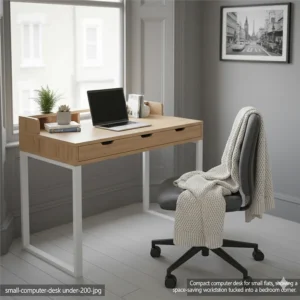 Compact computer desk for small flats, showing a space-saving workstation tucked into a bedroom corner.