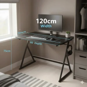 Compact gaming desk dimensions showing a 120cm width suitable for small UK bedrooms.
