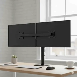 Illustration of a dual monitor stand saving surface space on a compact UK study desk.