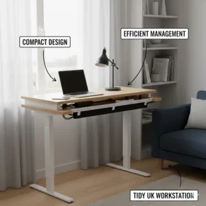 A view of tidy cable management under an electric desk, showcasing a clean UK workstation setup.