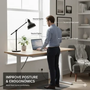 Illustration of a person using an electric standing desk at the correct ergonomic height to improve posture while working from home.