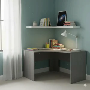 A grey wooden corner desk for small spaces, perfect for a student bedroom or teen study area.